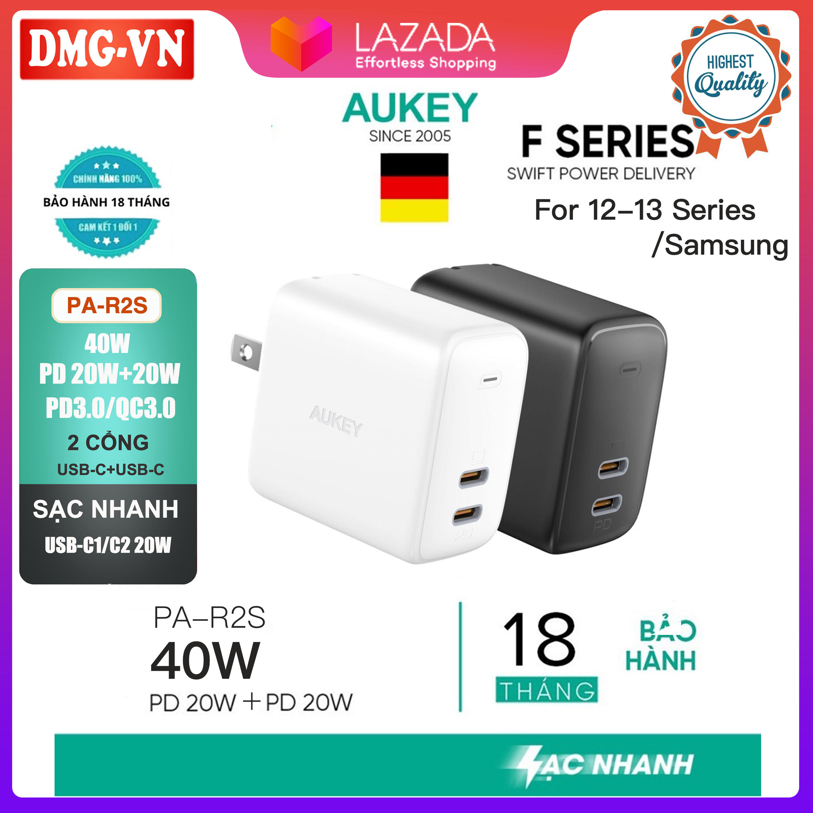 Củ Sạc Nhanh Aukey PA-R2S 40W,Cáp Sạc CB-CL3