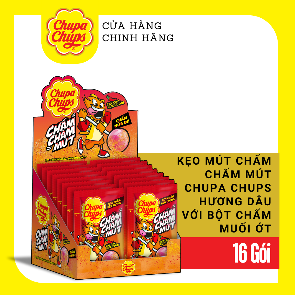 Kẹo Mút Chupa Chups Chấm Chấm Mút (Hương Dâu kèm muối ớt) (Hộp 16 gói)