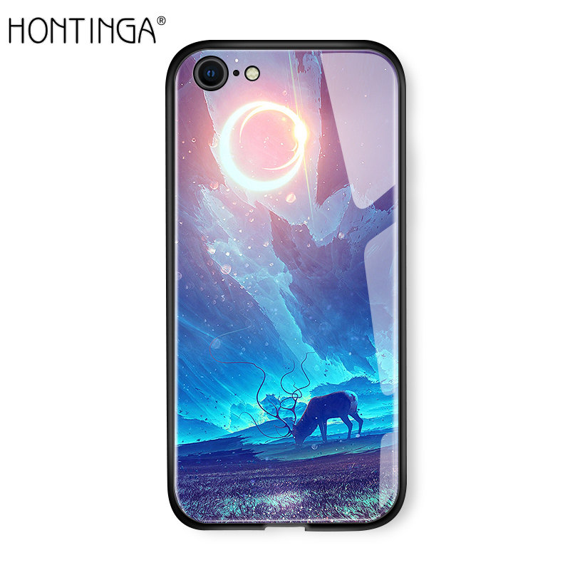 Hontinga For Apple iPhone 5/5s/Se 6/6s 6 Plus/6s Plus 7/8 7 Plus/8 Plus Case Fantasy Space Luxury Aurora Moon Starry Elk Casingg Shockproof Galaxy Phone Case Tempered Glass Back Cove