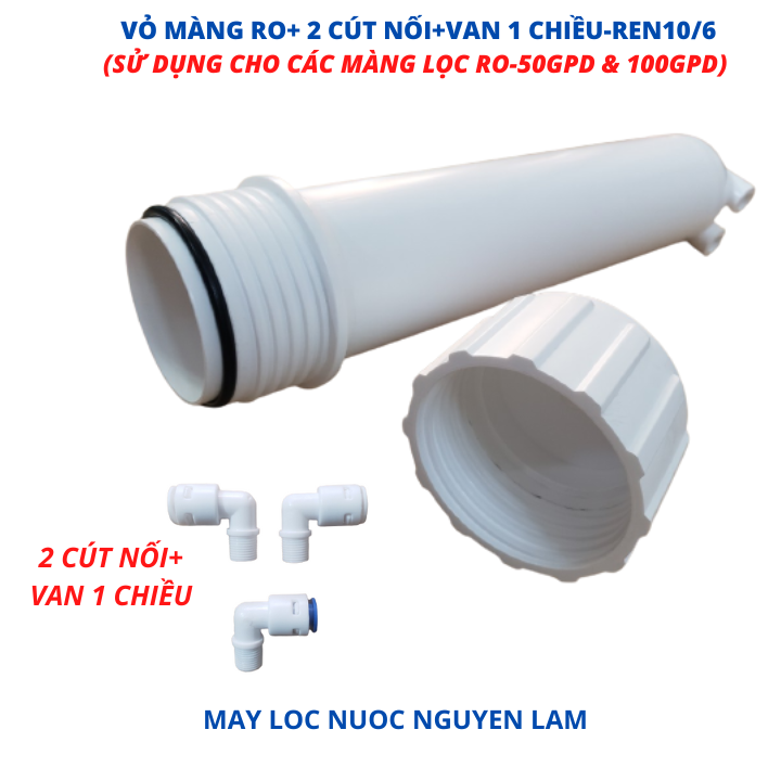 Vỏ Màng RO + 2 Cút Nối Và Van 1 Chiều-(Sử Dụng Cho Các Màng Lọc RO 50GPD & 75GPD)