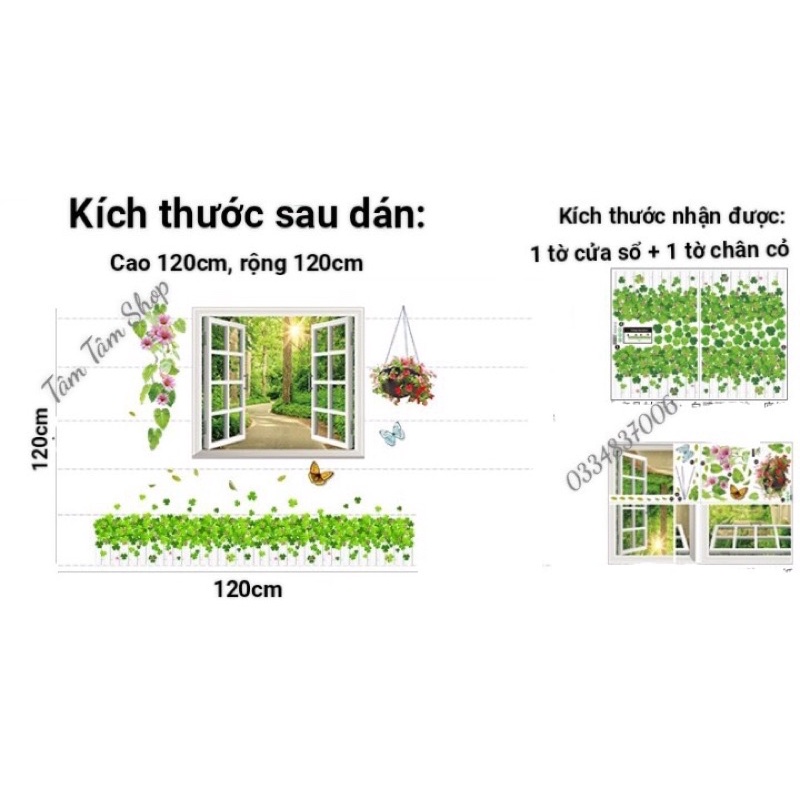 Decal dán tường cửa sổ xanh chân cỏ may mắn.