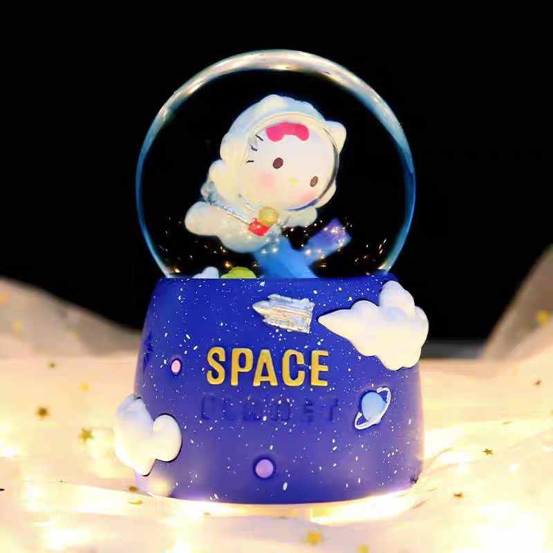 Doremon Hello Kitty astronaut snow globe with color changing lights, music effects, Doraemon Kitty Space snow crystal ball