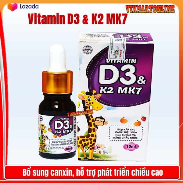 Vitamin D3 K2 Mk7 nhỏ giot  giúp bé hấp thụ calci tăng trưởng chiều cao cân nặng tăng sức đề kháng hộp 10ml