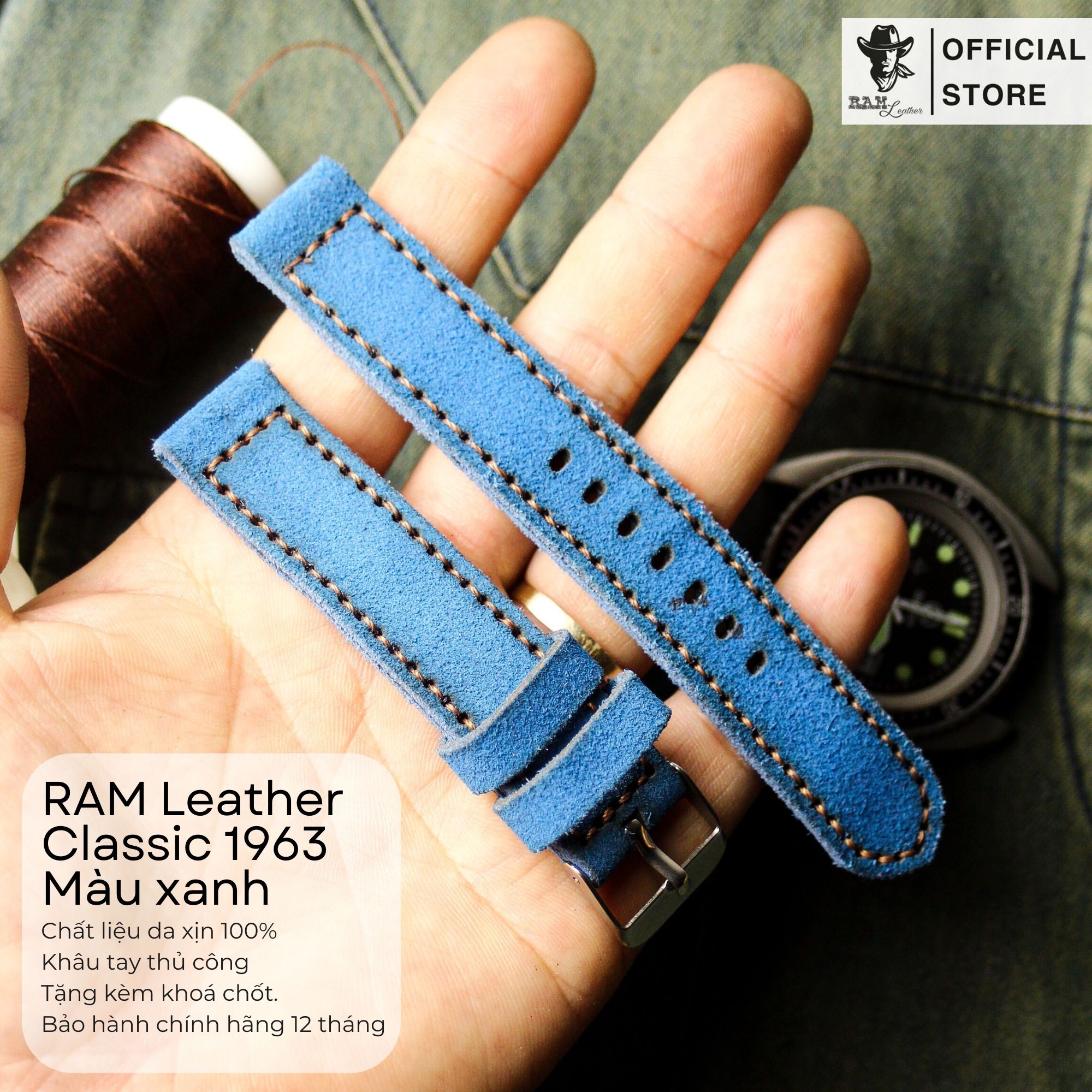 Dây da đồng hồ Siêu bền Da Bò Bản Bền Đẹp RAM Leather Classic 1963 Xanh Coban Chính Hãng RAM Leather