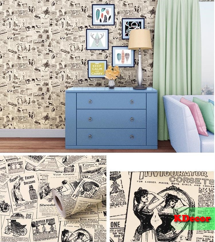 10m Giấy dán tường Tờ báo có sẵn keo khổ 45cm