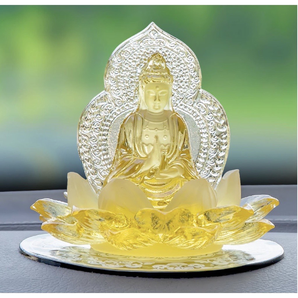 Tượng phật bà quan âm đá lưu ly ngự đài sen,tượng phật di lặc lưu ly cao cấp trang trí taplo-để bàn làm việc otofunmoclan