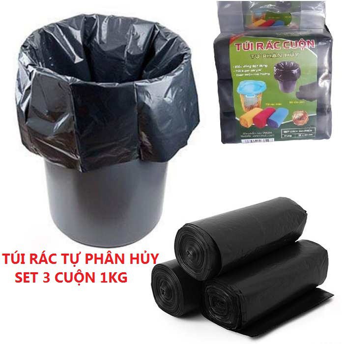 Sét 3 cuộn túi đựng rác đen kt 45*56cm. combo 3 cuộn túi đựng rác đen tự phân hủy, nặng 1kg