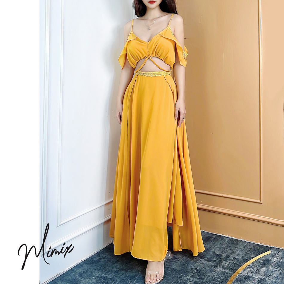 Đầm maxi nữ trơn rớt vai phối ren MIMIX CO8260