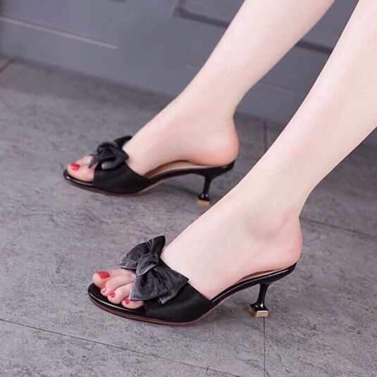 Guốc Cao Gót nhọn 7p nơ lưới hở mũi da mềm