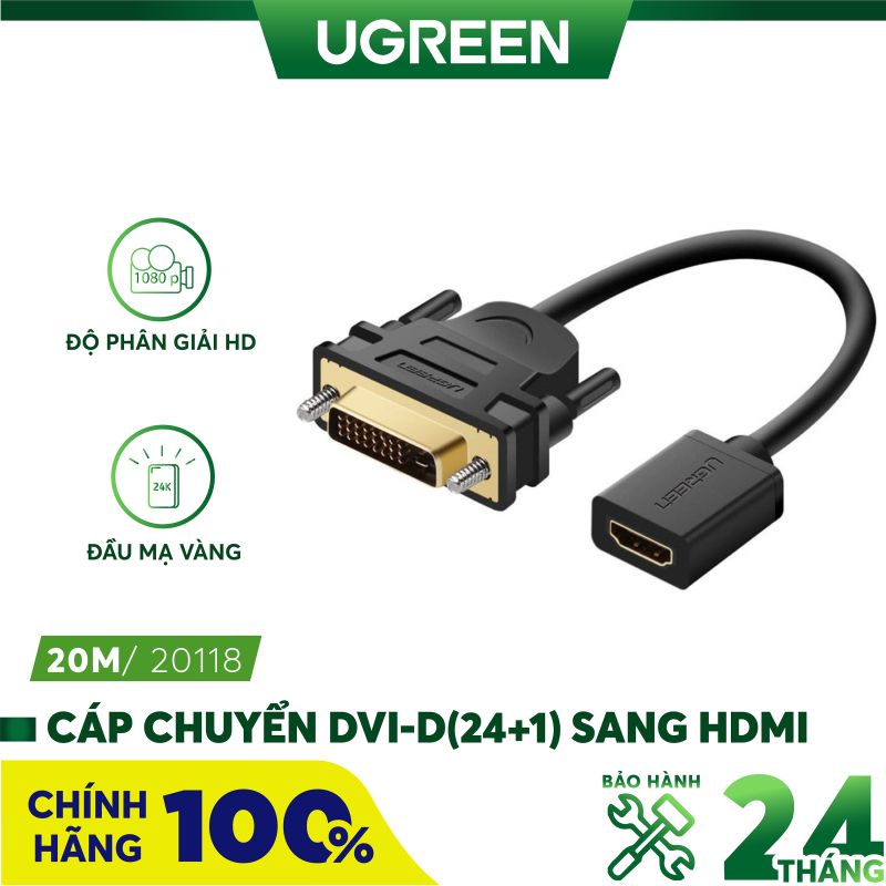 Bảng giá Cáp chuyển đổi đầu DVI-D (24+1) đực sang HDMI cái dài 20CM UGREEN 20118 (Đen) Phong Vũ