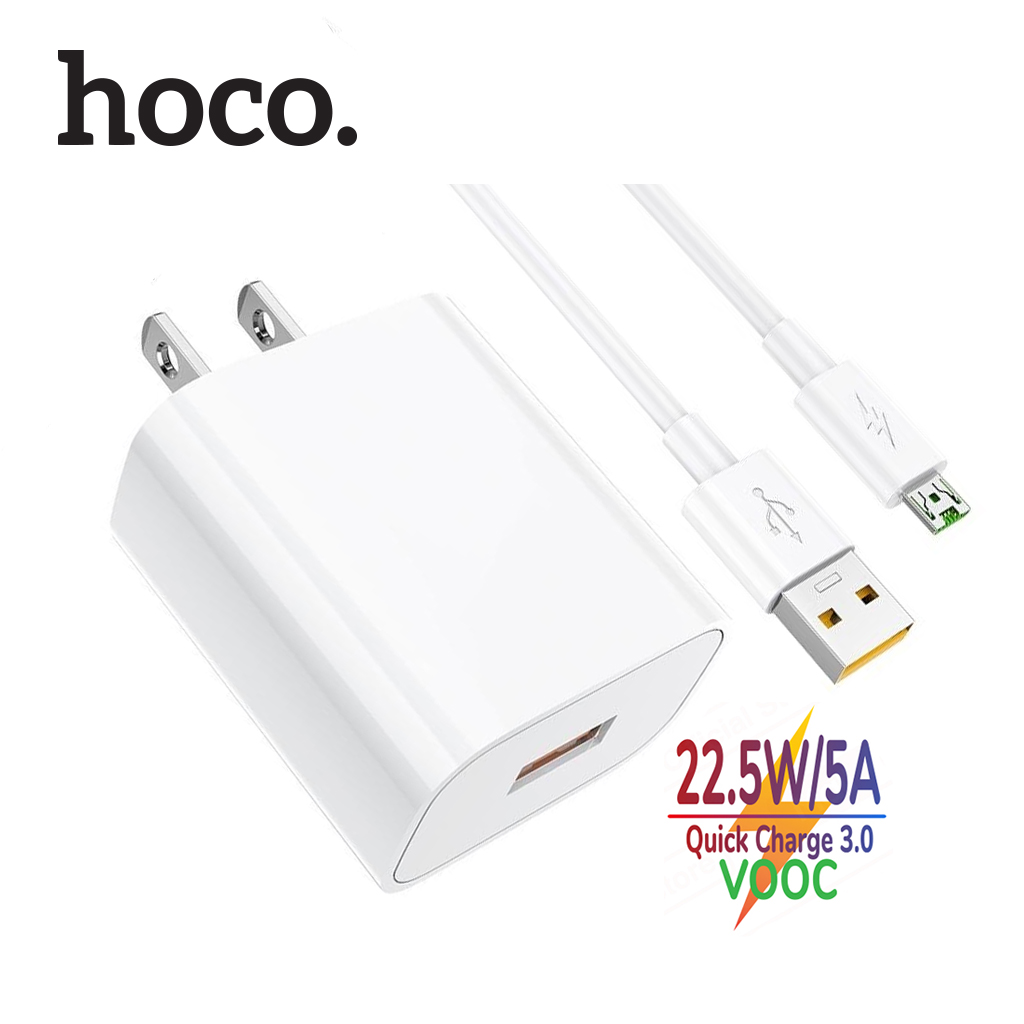 Bộ sạc nhanh 22.5w hoco dc19 micro usb sạc nhanh 5a/qc 3.0, hỗ trợ vooc, kèm dây sạc dài 100cm
