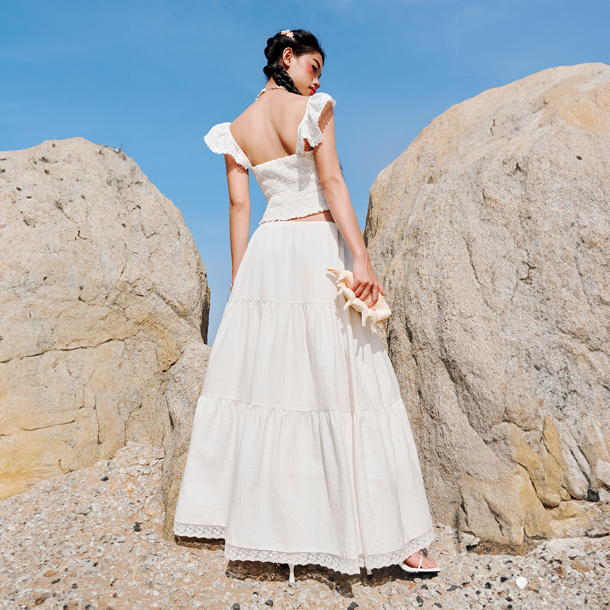 DOTTIE - Chân váy maxi phối ren - Trắng - S0208