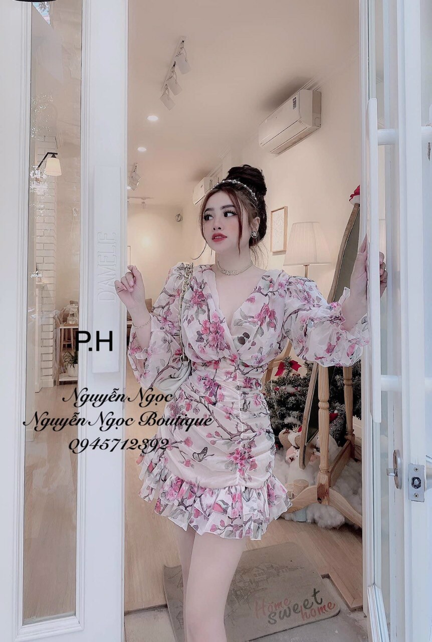 [HCM]Đầm hoa body đuôi cá cổ đắp chéo tay lỡ
