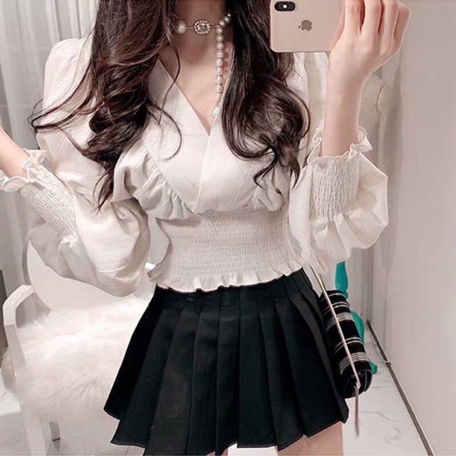 Áo kiểu croptop🍁Áo nhúm eo tay dài ống bo🍁