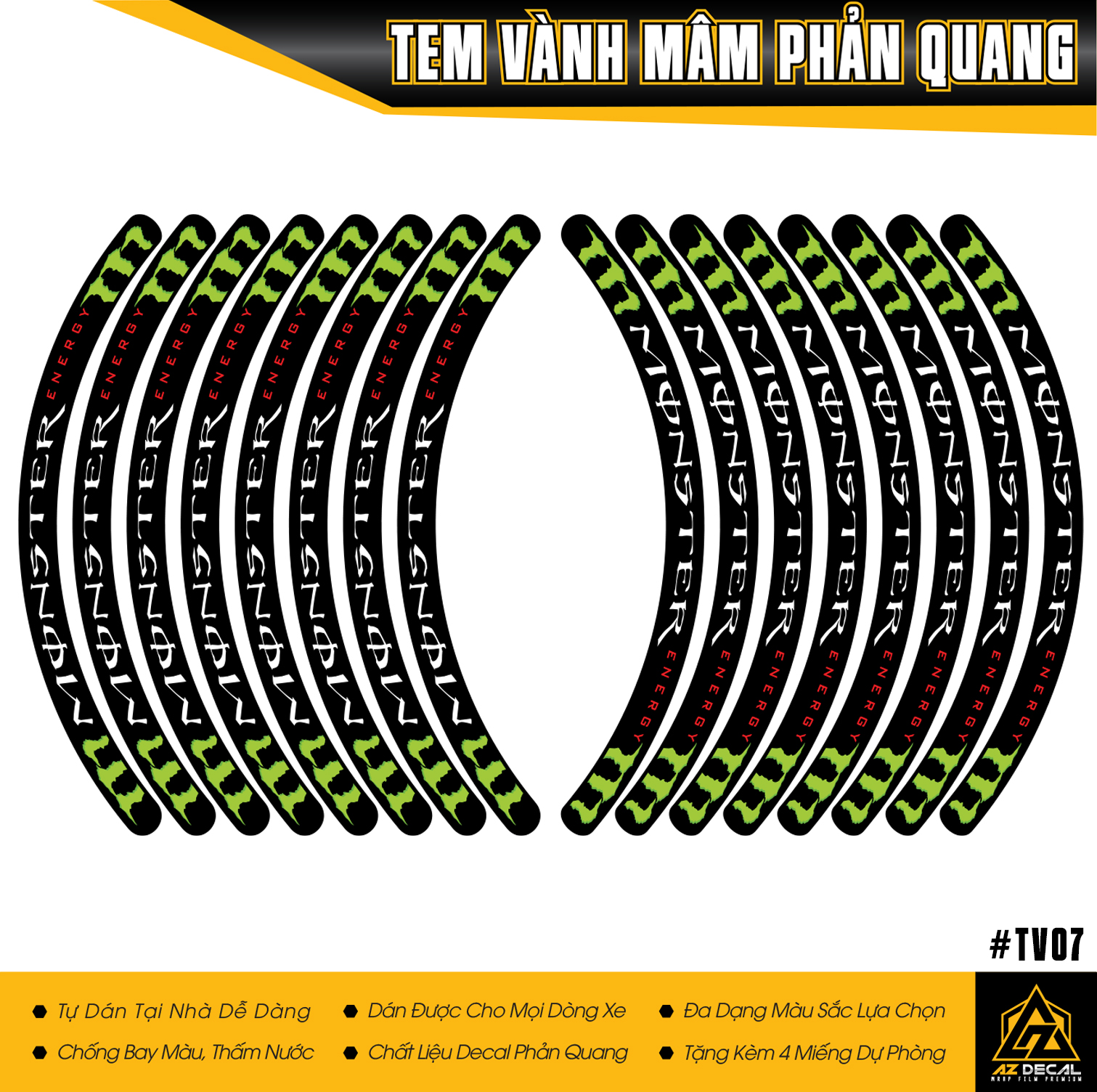 Tem Vành Xe Monster Xanh Dán 2 Bánh | TV07 | Decal Dán Mâm Xe Chống Nước, Chống Phai Màu, Dành Cho Xe Máy Xe Điện | Azdecal