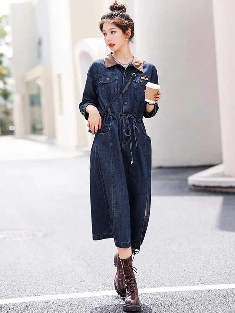Thời trang váy denim dài tay của phụ nữ 2024 mới eo cổ điển lỏng lẻo kiểu Pháp khí chất váy dài