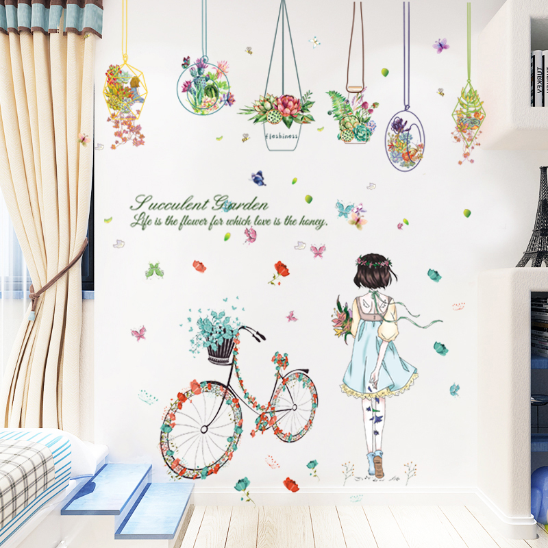 Decal dán tường giỏ hoa và cô gái xe đạp