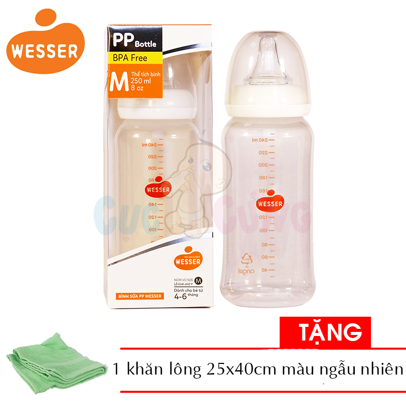 Bình sữa Wesser cổ nhỏ nhựa PP 250ml (phiên bản mới) Tặng 1 khăn lông 24x40cm màu ngẫu nhiên