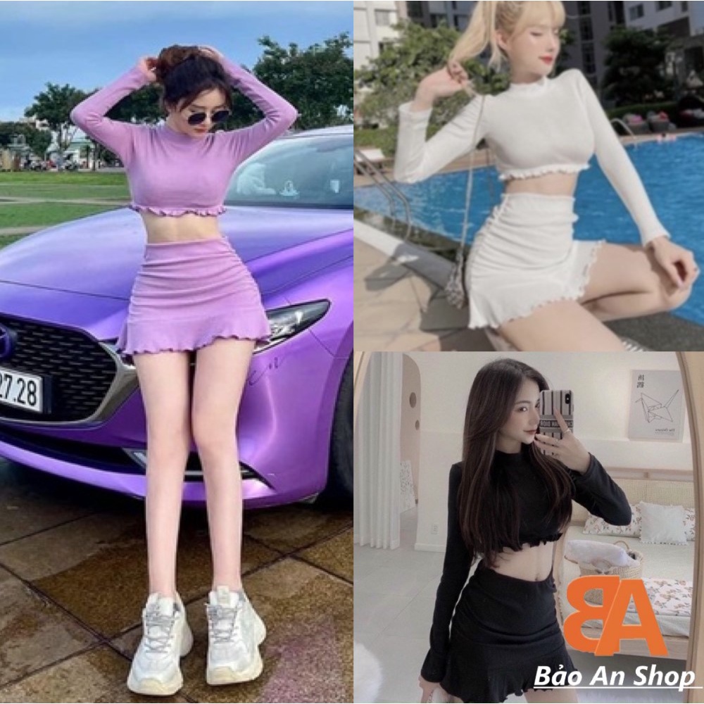 Sét bộ nữ 2 món chân váy đuôi cá + áo tay dài (váy có quần trong)