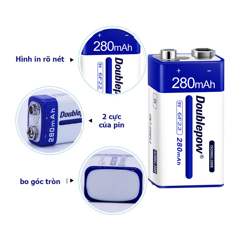 Pin vuông sạc lại 6F22 - 9V 280mAh Doublepow