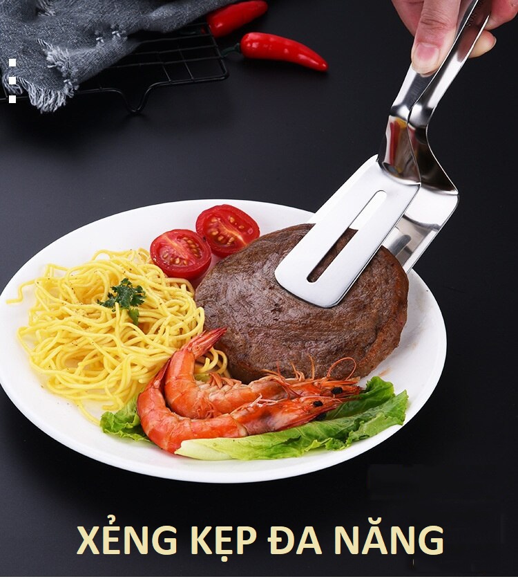 Kẹp Gắp Đồ Ăn Xẻng Lật Đồ Rán, Kẹp Bít Tết Cá Chiên đa năng loại lớn inox 304 cao cấp siêu bền