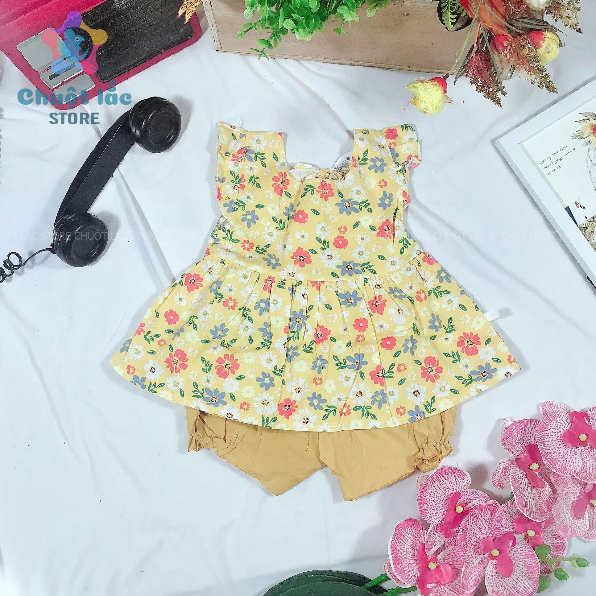 [HCM]Bộ quần áo bé gái hoa nhí kiểu babydoll cho bé từ 7kg đến 20kg( màu hồng vàng)
