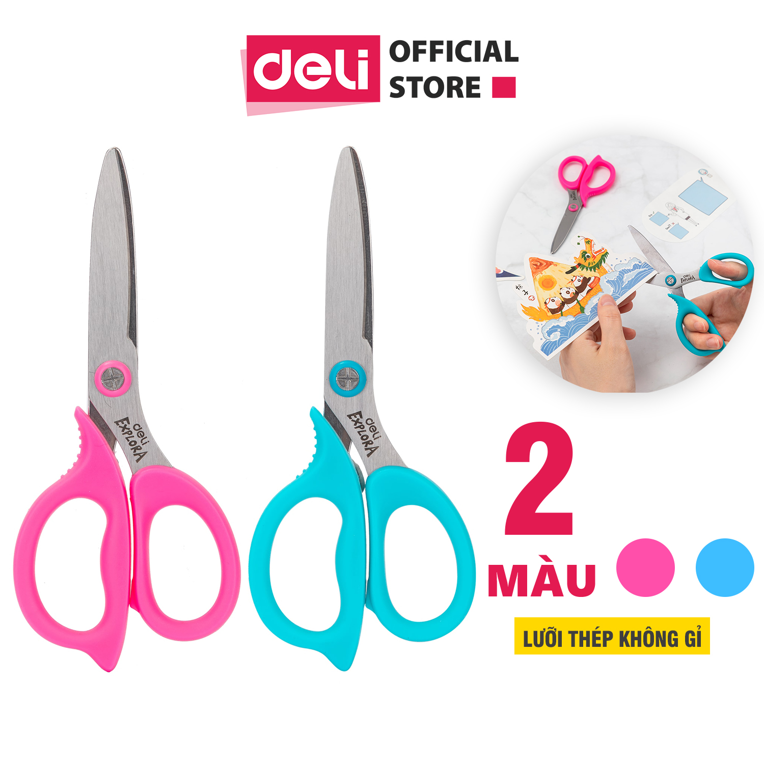 Kéo học sinh Deli - Explora Hồng/Xanh dương - 1 chiếc - E77755