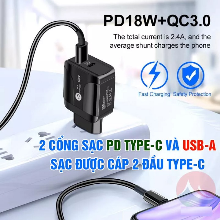 Củ sạc nhanh Usb Qc3.0 cho iphone và các máy androi hỗ trợ 2 cổng USB và Type C