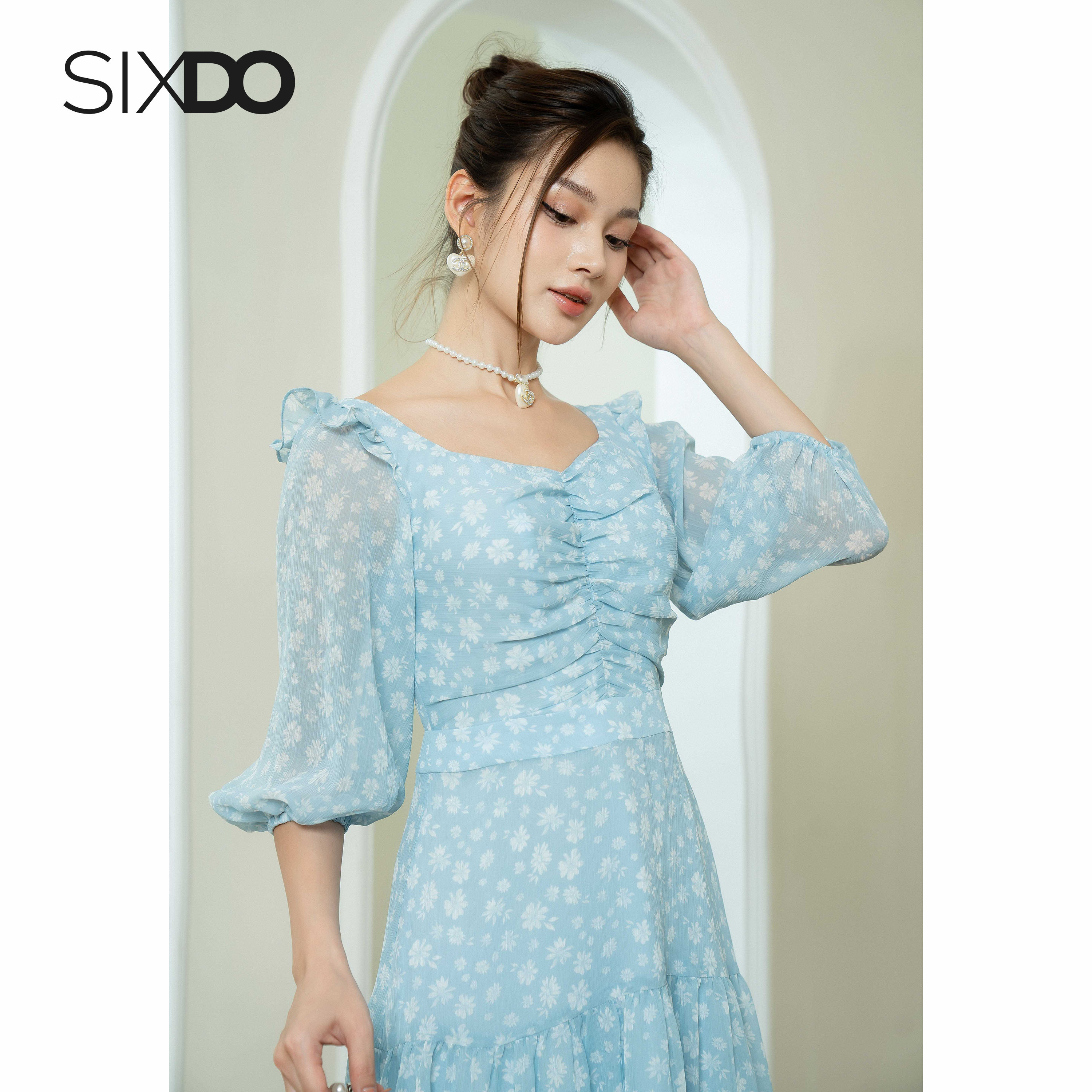 Đầm voan hoa tay phồng SIXDO (Floral Midi Voile Dress)