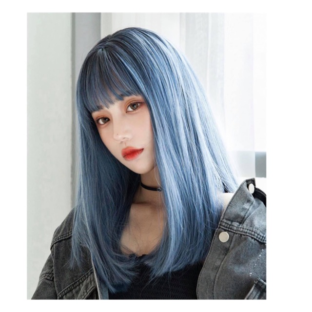 Tóc giả xanh khói ❤️FREESHIP❤️ nguyên đầu thẳng lỡ xanh khói- ms997