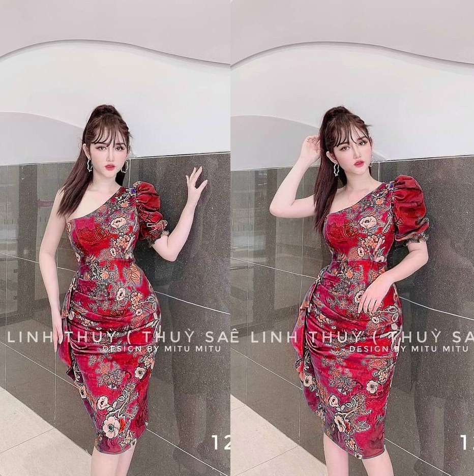 Đầm body lệch vai họa tiết vai bèo hông có mút ngực
