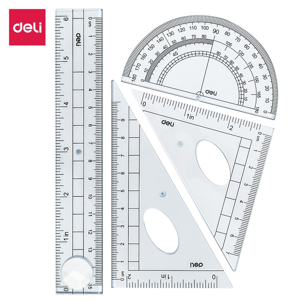 Bộ dụng cụ 4 cây thước nhựa cứng học sinh Deli - Kèm túi zip - E9597