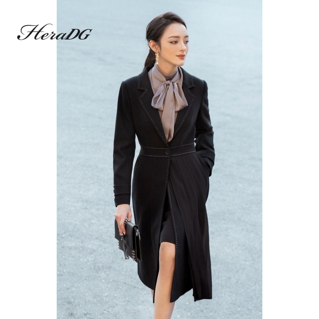 Voucher siêu sale 15% áo khoác nữ dáng dài heradg thiết kế vạt xếp ly cách điệu, chất liệu dạ phối chifon cao cấp wamba003
