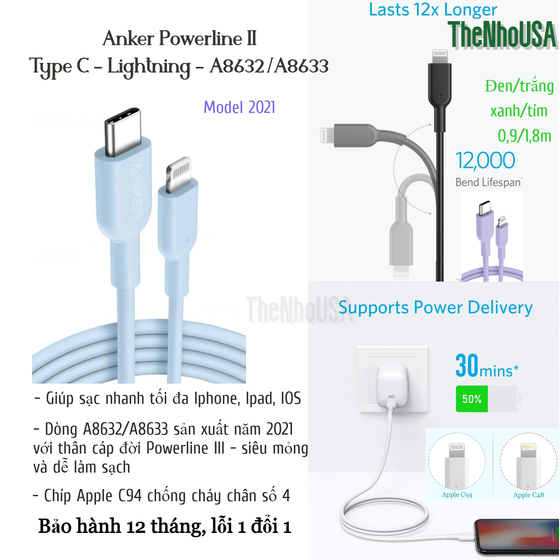 Cáp Anker Powerline II USB C to lightning - A8632 [BH 12T]