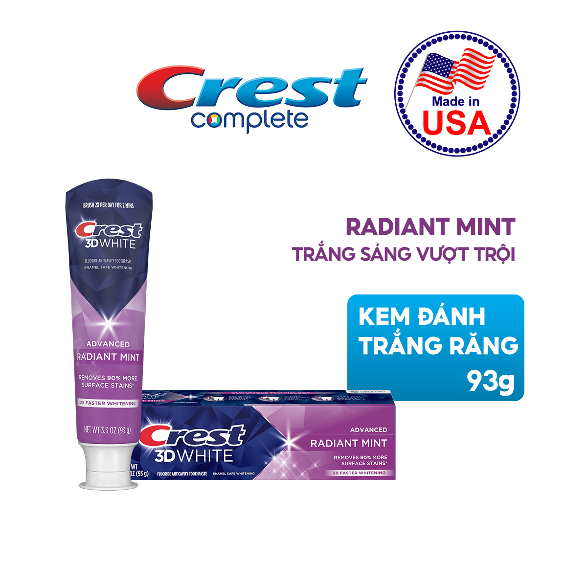 Kem Đánh Răng CREST Nhập Khẩu Mỹ 3D White Radiant Mint/ Advanced Charcoal Tuýp 93G