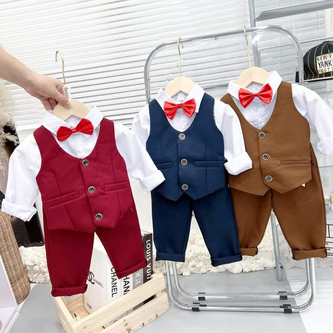 Sét vest/ gile nơ công tử cho bé trai 8-20kg (sét 4 chi tiết)