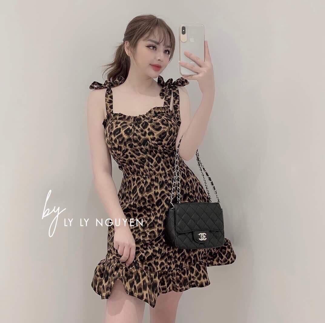 Đầm nữ dự tiệc dáng xèo hai dây da beo
