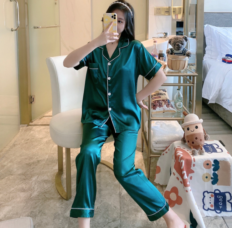 Đồ Bộ Lụa Mặc Nhà Cộc Tay Quần Dài Mát Mẻ Dễ Thương