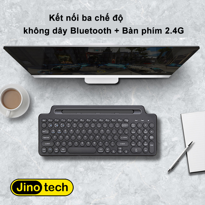 Bàn phím không dây 2 chế độ bluetooth và 2.4GHZ JINOTECH BK569s cho máy tính, điện thoại, table, PC , bàn phím văn phòng