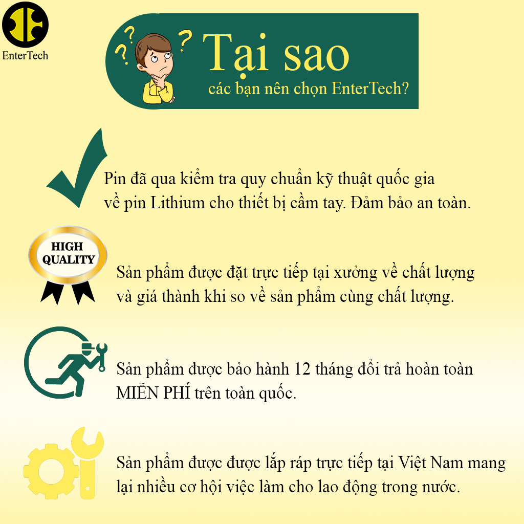 Pin dùng cho ĐT 6 Plus/ 6S Plus EnterTech dung lượng chuẩn bảo hành 12 tháng.