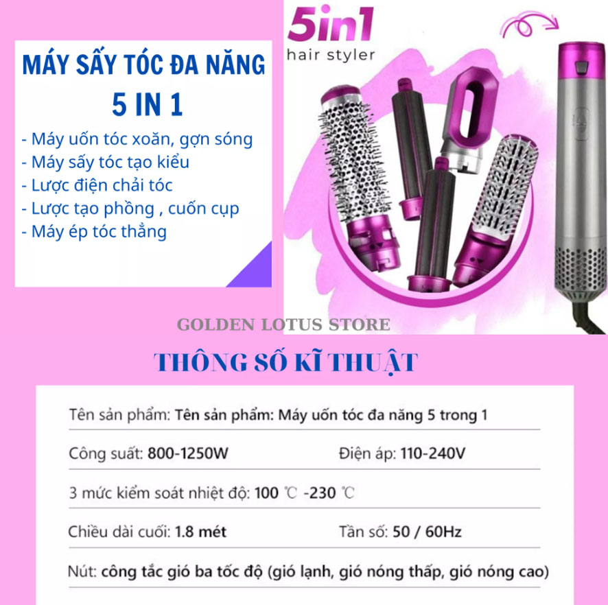 Máy sấy tóc 5 trong 1 uốn xoăn phồng sấy - Máy sấy uốn tóc tạo kiểu đa năng mini 3 mức nhiệt hàn quốc hàng bảo hành 6 tháng