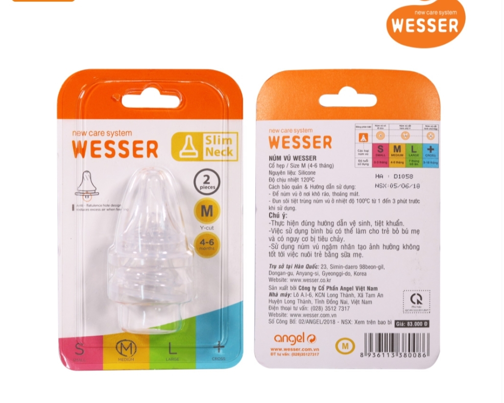 (Vỉ 2 núm) Núm ti Wesser cổ hẹp size S, M, L, +