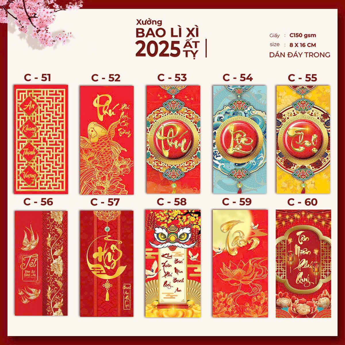 100 Bao lì xì Truyền thống Năm 2025 - 10 mẫu Ngẫu Nhiên