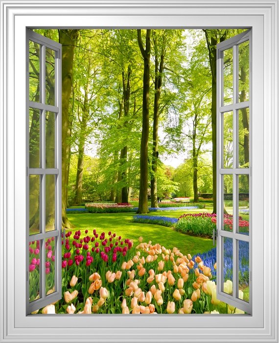 Tranh dán tường cửa sổ 3D khổ dọc cảnh vườn hoa VTC VT0033-D
