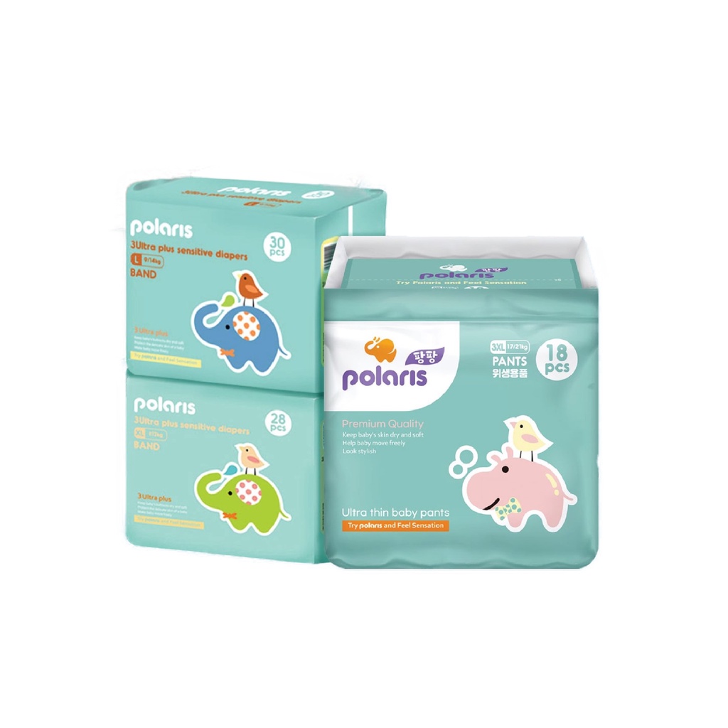 Bỉm/ tã quần Polaris nội địa Hàn Quốc thấm hút nhanh, chống tràn cho bé đủ size L24, XL22, XXL20, 3XL18