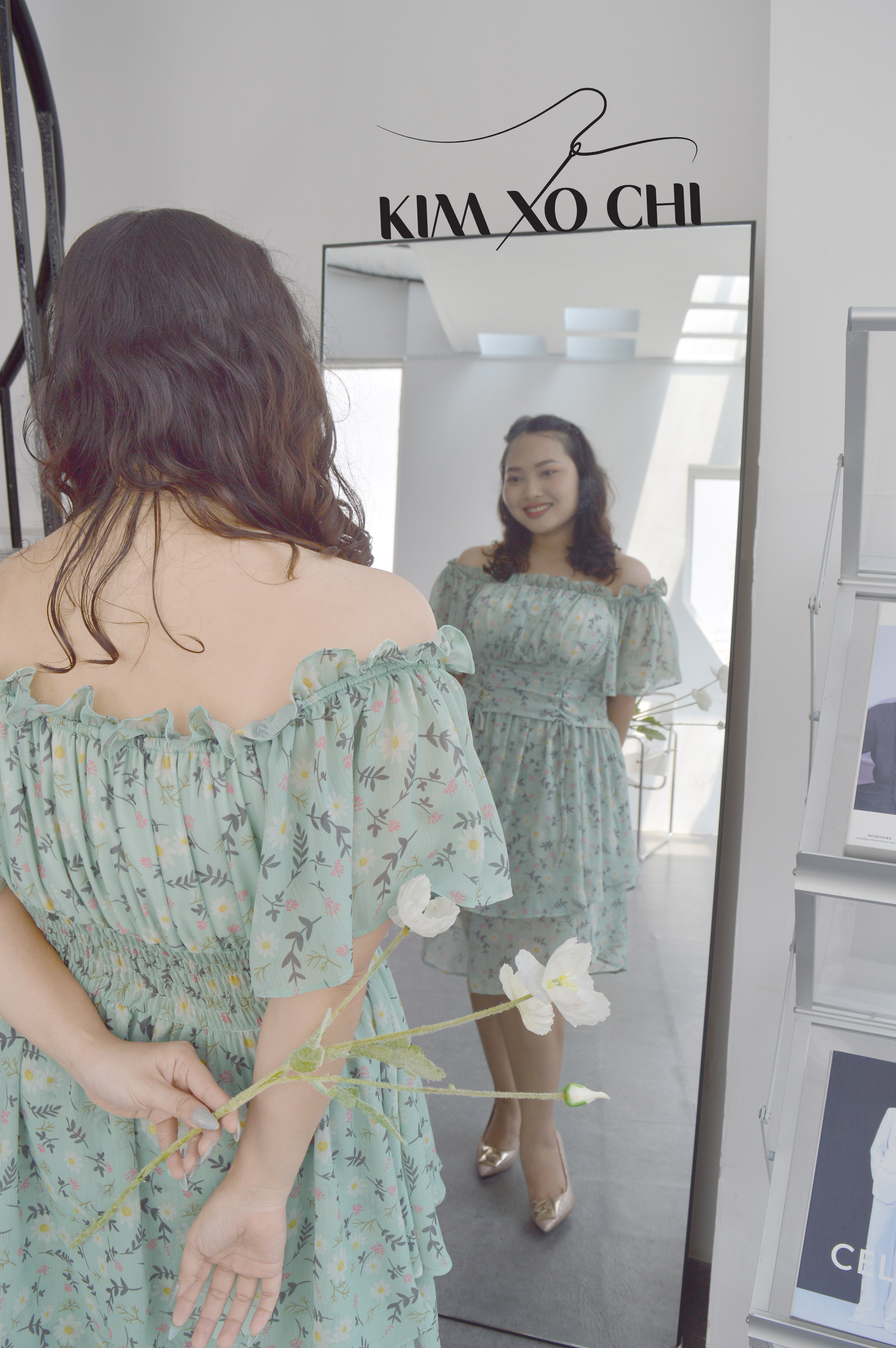 Đầm bigsize trễ vai họa tiết in hoa