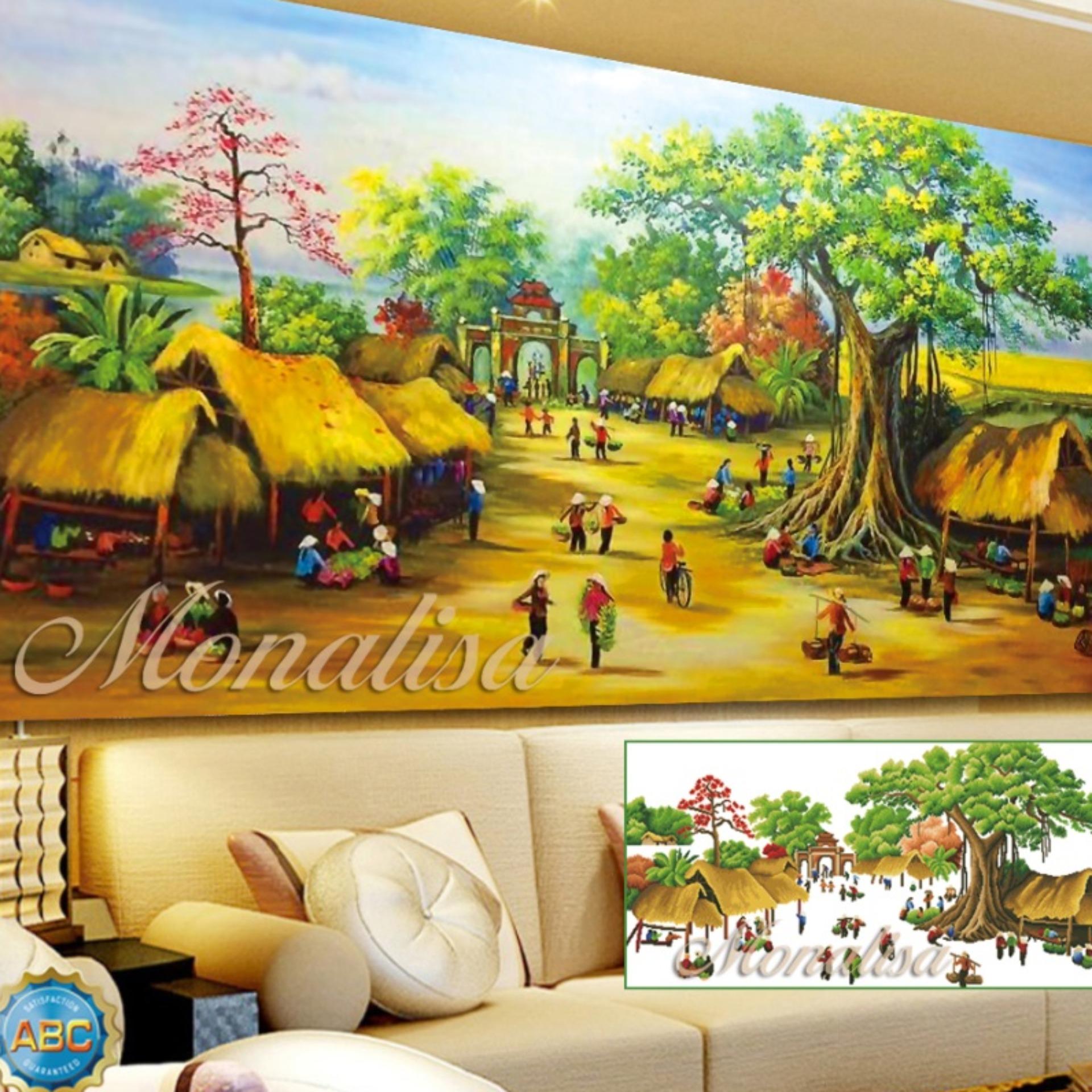 Tranh đính đá chợ quê việt nam Y8159 - KT:200X90cm. Bao gồm: Kìm , bút chấm, sáp dẻo, khay đựng, vải nền phủ sẵn keo có in mã số, sách hướng dẫn sử dụng bút chấm