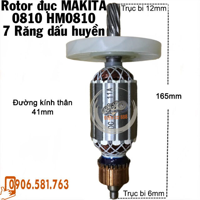 Rotor đục MAKITA 0810, DCA AZG6 7 Răng Thân 41mm Dài 165mm dây đồng 220V - Tặng chổi than