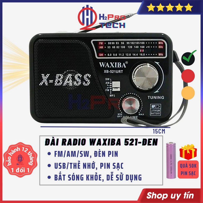Đài Radio Cho Người Già Waxiba 521U Fm-Am-Sw Kiêm Máy Nghe Nhạc Usb - Thẻ Nhớ - Đèn Pin - Tặng Pin Sạc 50K - H2Pro Tech