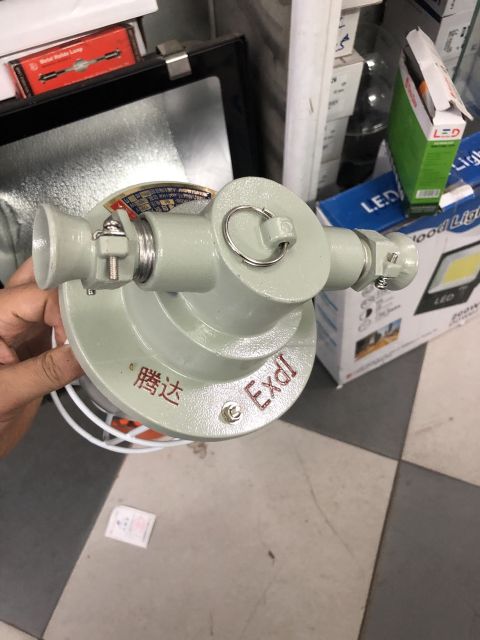 Đèn chống nổ treo 100w. Có lưới sắt bảo vệ.
